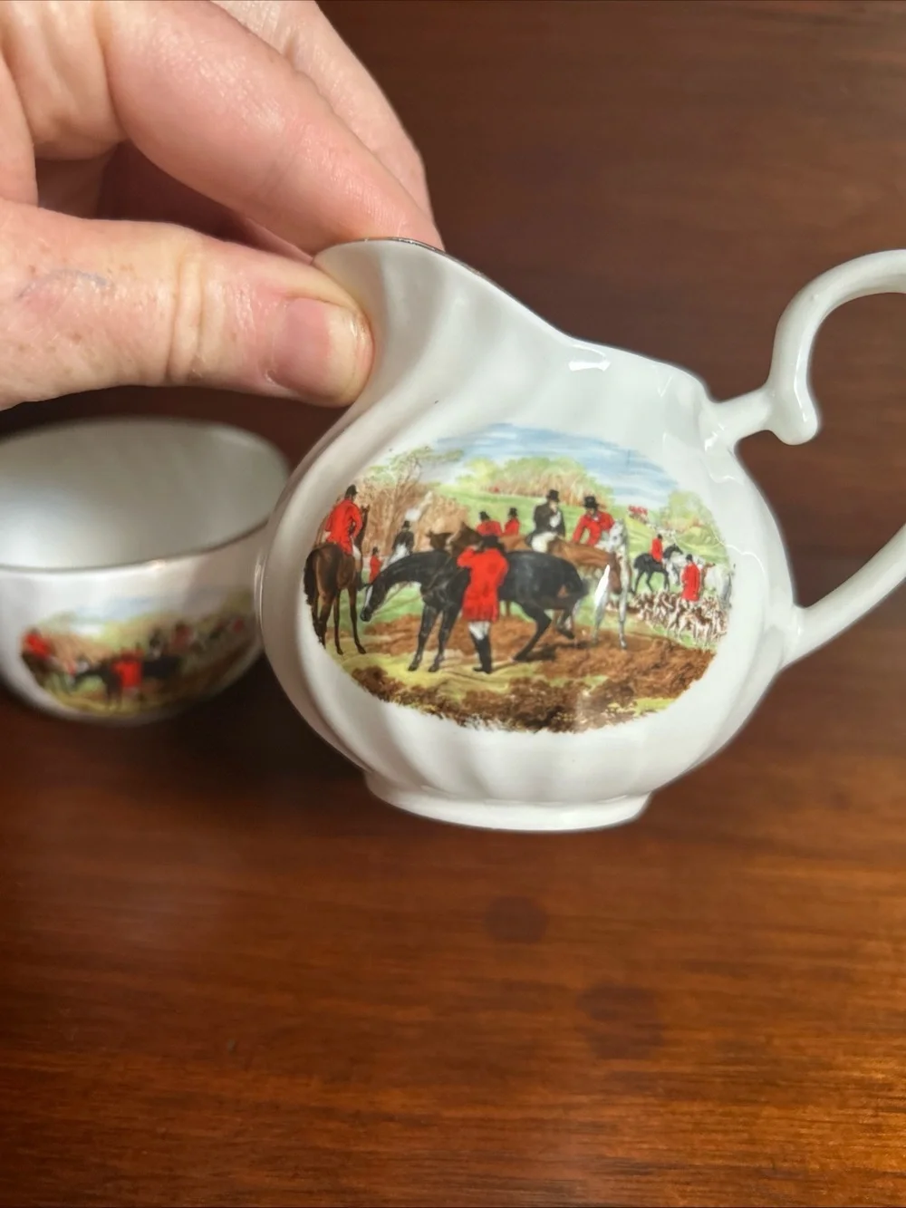 Classic White Porcelain Creamer and Sugar Bowl with Equestrian Hunt Scene